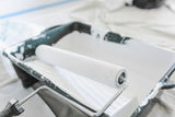 Close up of a paint roller nap showing the dense woven fabric texture of a Purdy Colossus sleeve