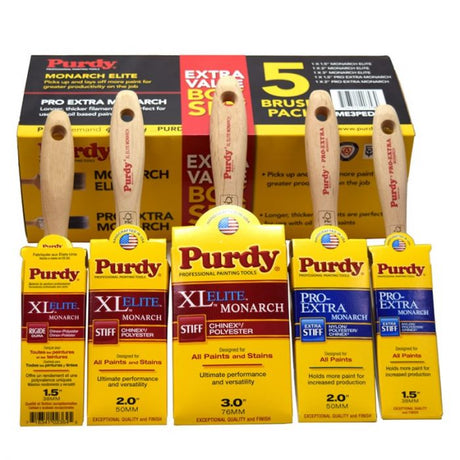Five Purdy brushes from the Monarch Elite and Pro Extra 5 pack laid out together