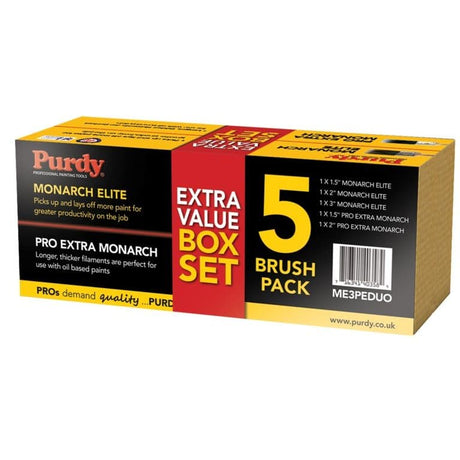 Purdy Monarch Elite Extra Pro brush set packaging showing all 5 brushes