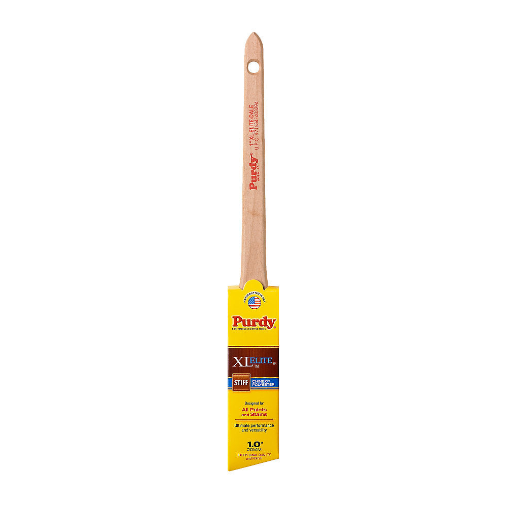 Purdy Dale XL Elite 1 inch paint brush lying flat with rattail handle and stainless steel ferrule visible