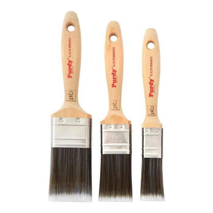 Purdy Monarch XL Elite paint brush range shown with tapered flagged synthetic filaments