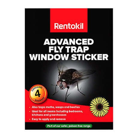 Rentokil Advanced Fly Trap window sticker packaging showing insecticide-free fly trap for home and greenhouse