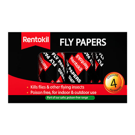 Rentokil Fly Papers four pack retail packaging, non-insecticidal sticky fly traps