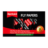 Rentokil Traditional Flypapers 8 pack retail packaging, non-insecticidal sticky fly trap