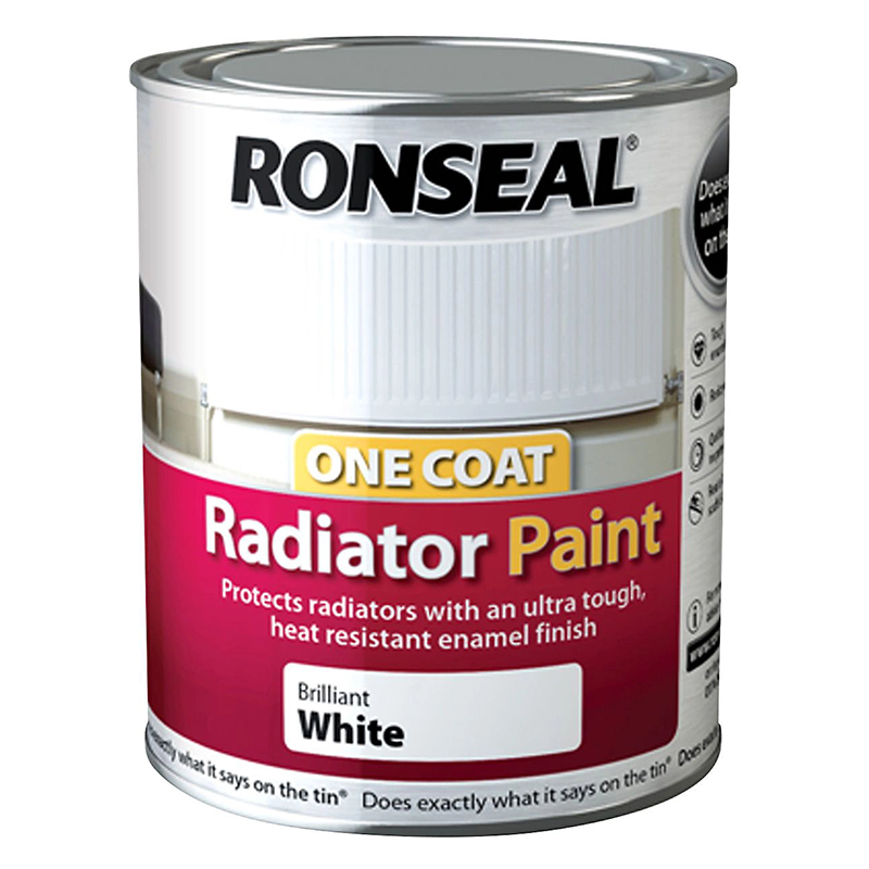 Ronseal One Coat Radiator Paint tin, 750ml gloss white finish