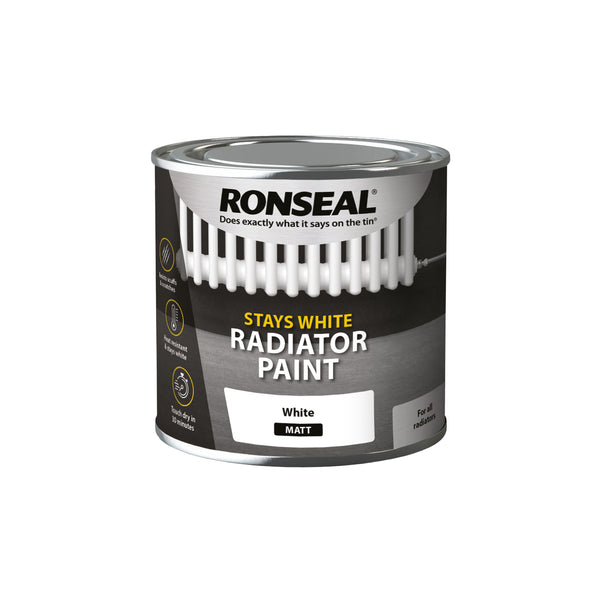 Ronseal Stays White Radiator Paint Matt 250ml packaging