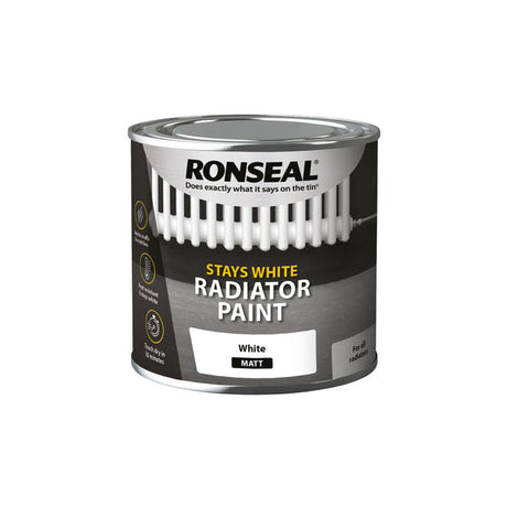 Ronseal Stays White Radiator Paint Matt 250ml packaging