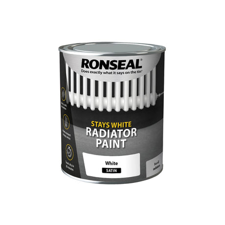 Ronseal Stays White One Coat Radiator Paint Satin 750ml packaging