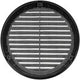 Black round air vent louver cover fitted into a soffit panel