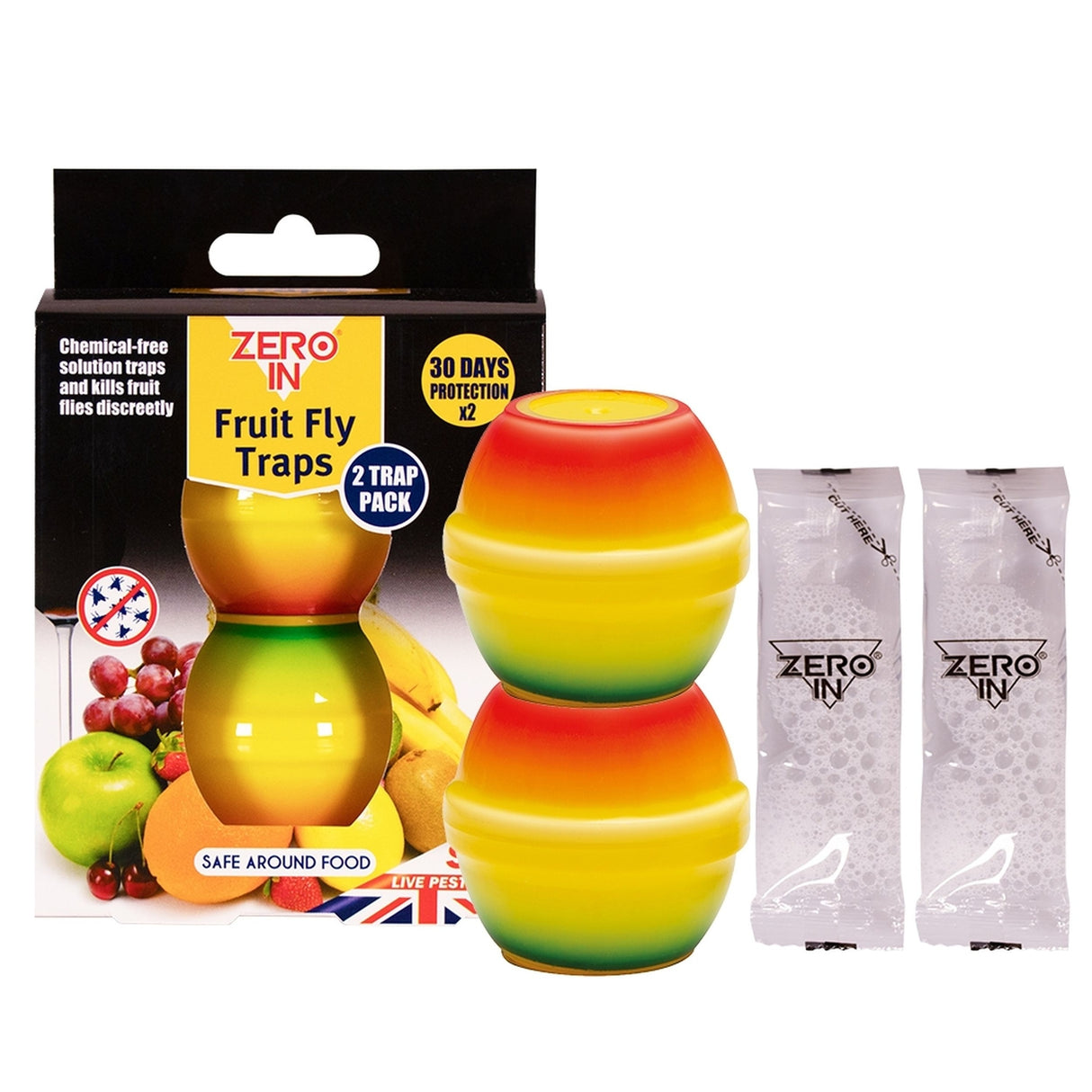 Zero In Fruit Fly Trap Twin Pack packaging, non-toxic kitchen fruit fly trap