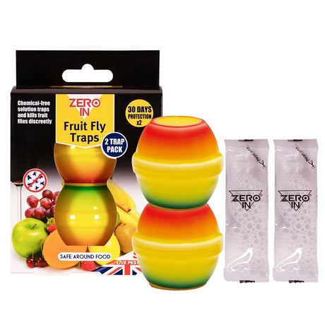 Zero In Fruit Fly Trap Twin Pack packaging, non-toxic kitchen fruit fly trap