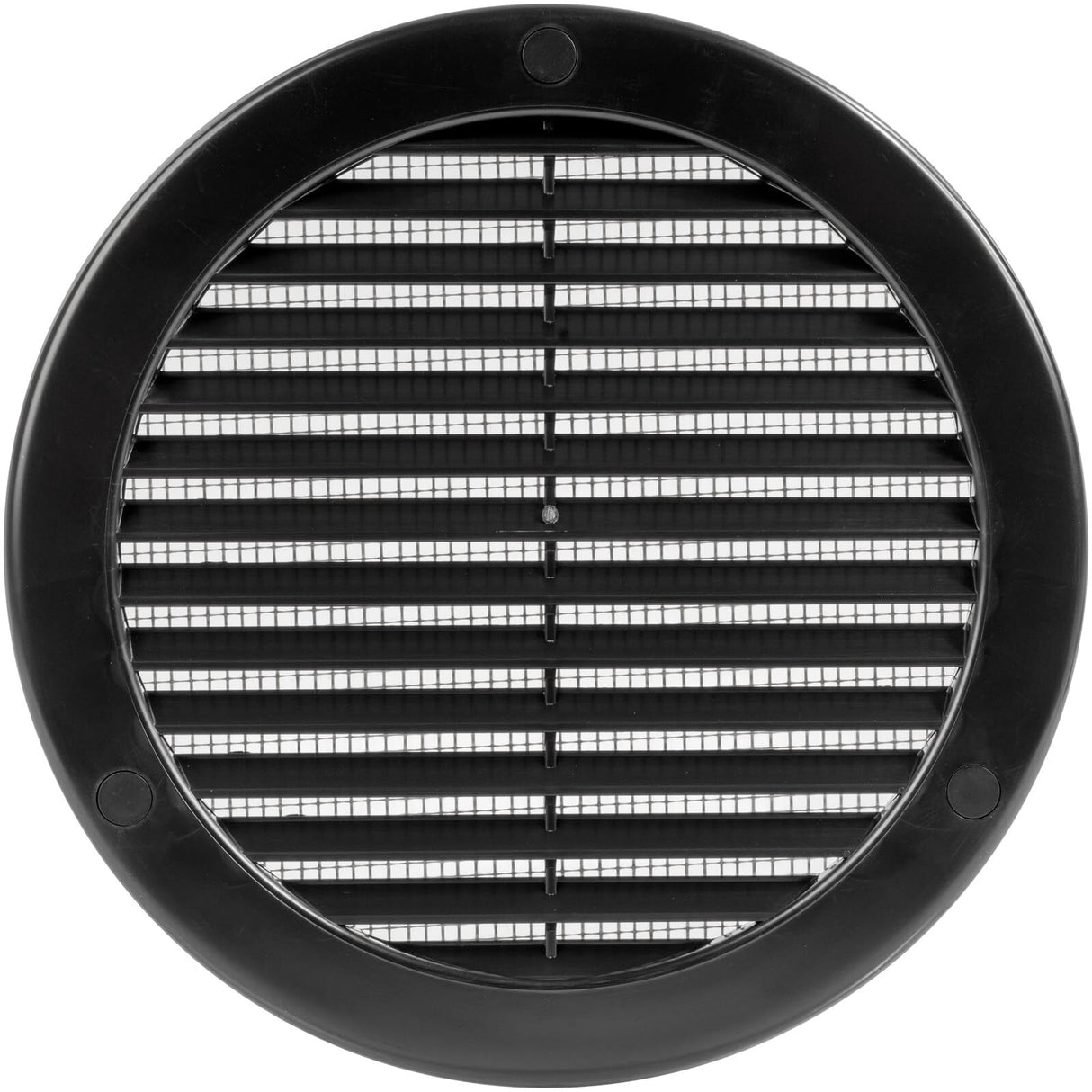 Black circular soffit vent cover shown from the front, showing round louvre slat pattern