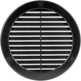 Black circular soffit vent cover shown from the front, showing round louvre slat pattern