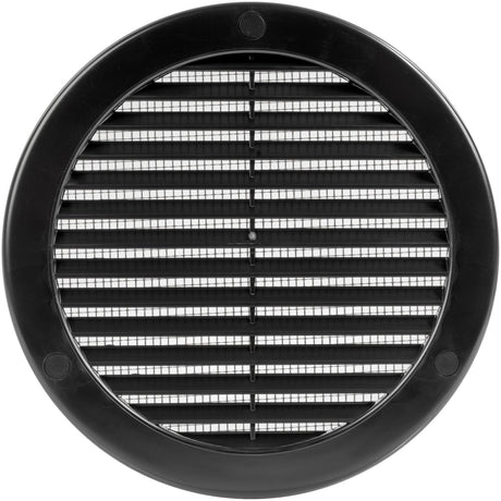 Black circular soffit vent cover shown from the front, showing round louvre slat pattern