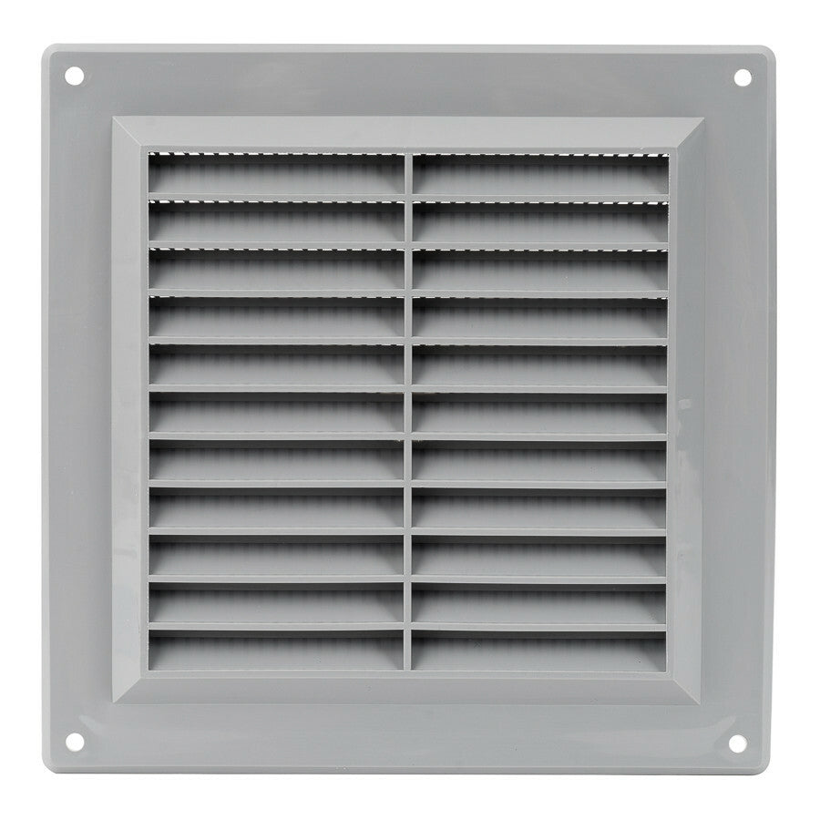 Grey 150mm flat louvre air vent grille used as an external ducting cover on a kitchen or bathroom extractor run