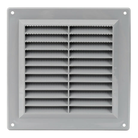 Grey 150mm flat louvre air vent grille used as an external ducting cover on a kitchen or bathroom extractor run