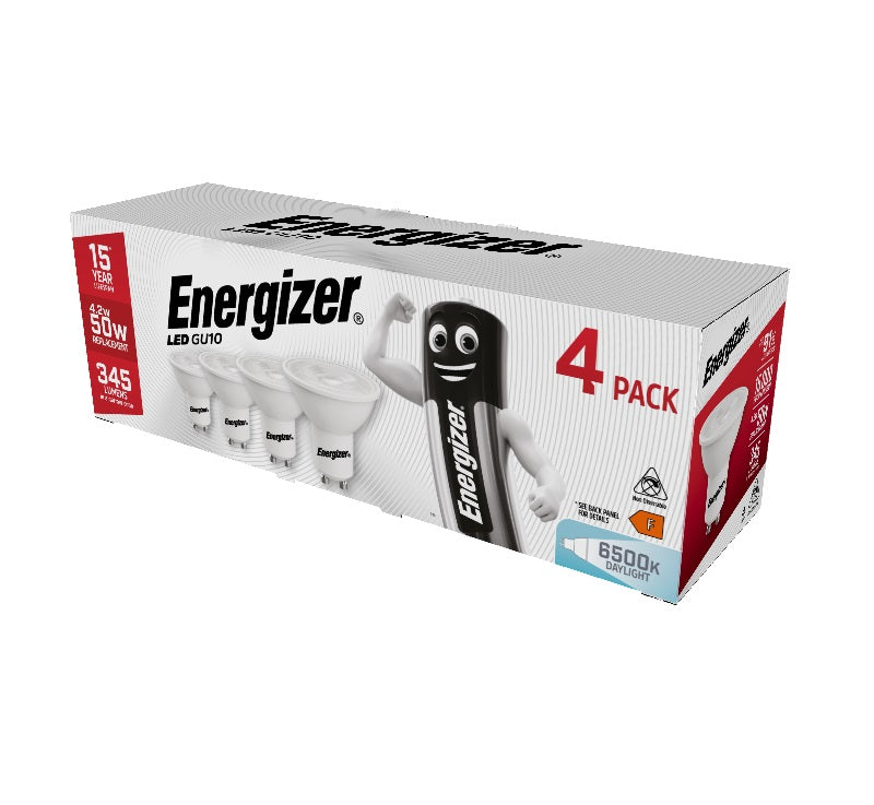 Energizer 4.2W GU10 LED bulb, 345 lumen, 6500K daylight, box of 4