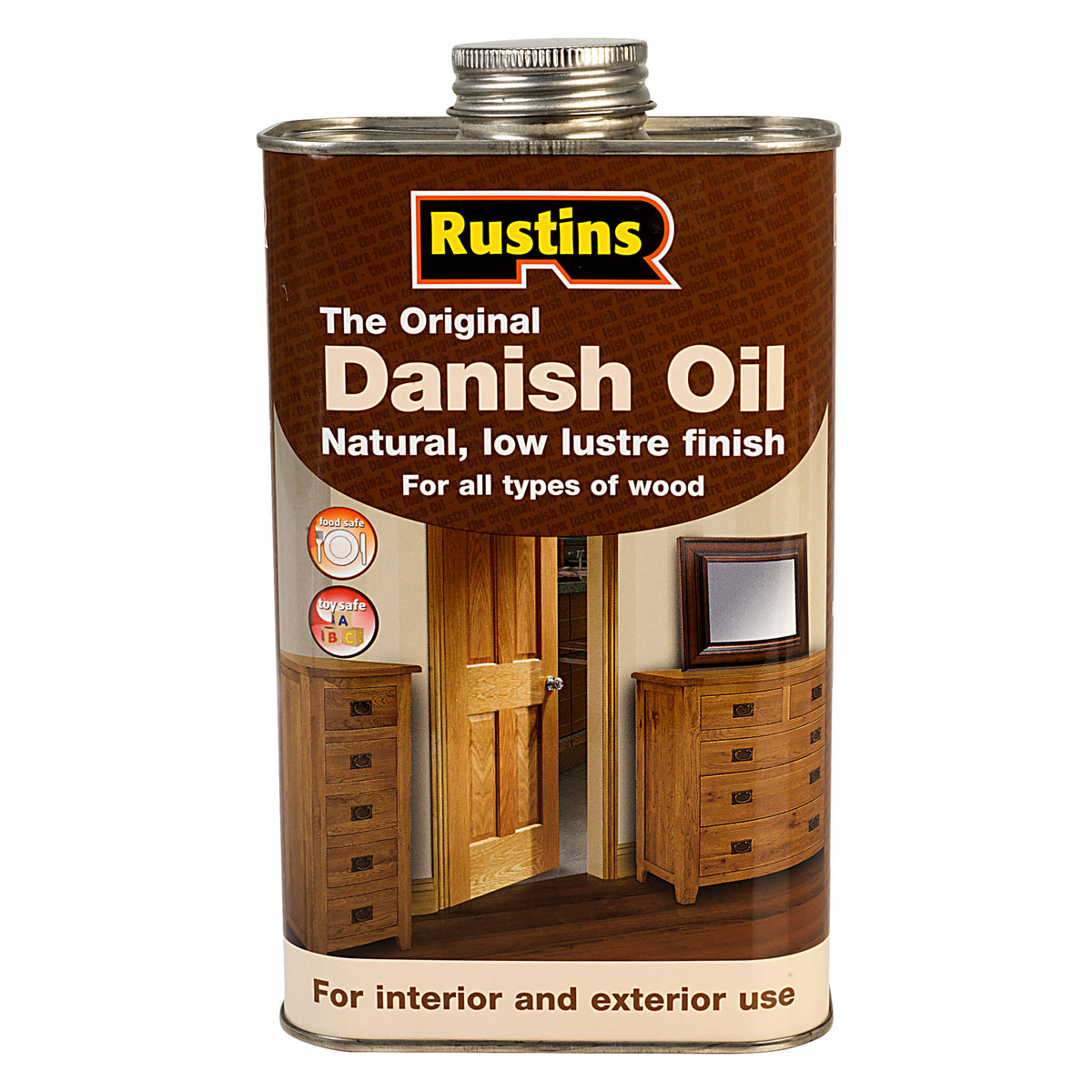 Rustins Danish Oil 1 litre container close up of product label