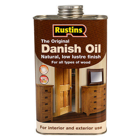 Rustins Danish Oil 1 litre container close up of product label