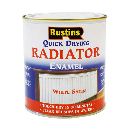 Rustins Radiator Enamel Satin White 500ml tin label detail