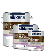 Sikkens Cetol Filter 7 Plus tins shown in 1 litre, 2.5 litre and 5 litre sizes