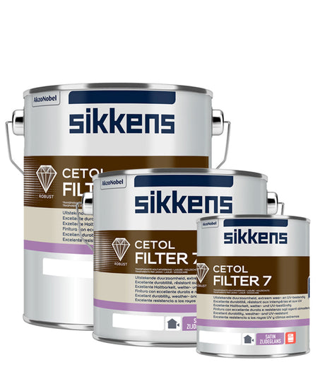 Sikkens Cetol Filter 7 Plus tins shown in 1 litre, 2.5 litre and 5 litre sizes