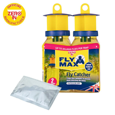 Zero In Fly Catcher Twinpack pack shot showing both reusable outdoor fly trap bottles
