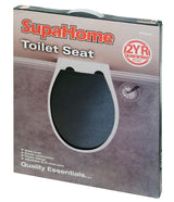 Black toilet seat product photo, closed lid front view