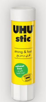 UHU glue stick 8g with cap removed showing solid glue