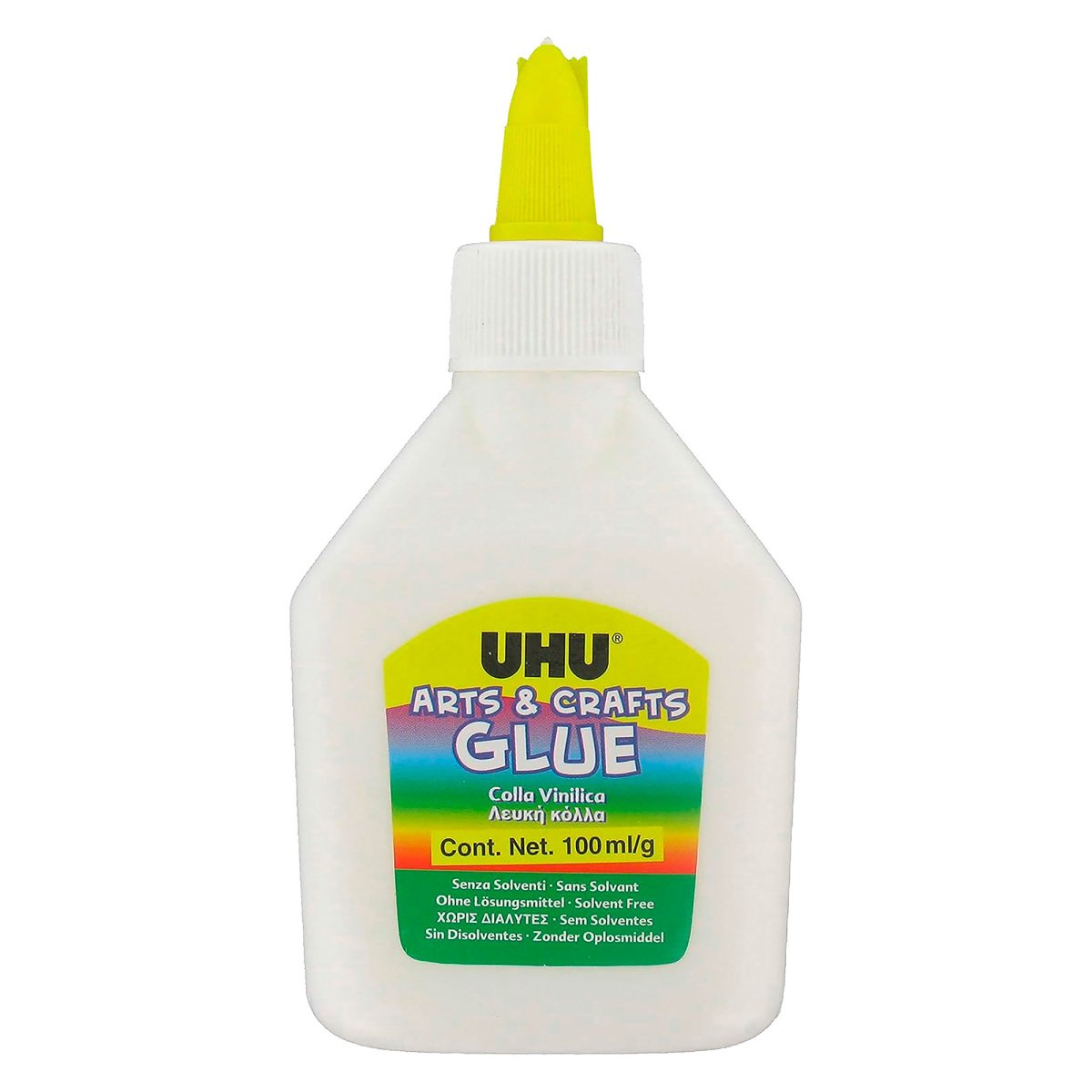 UHU Arts and Craft Glue 100g bottle with spatula applicator cap, front packaging