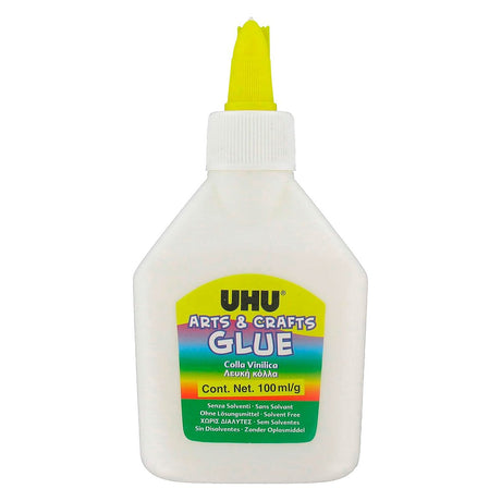 UHU Arts and Craft Glue 100g bottle with spatula applicator cap, front packaging