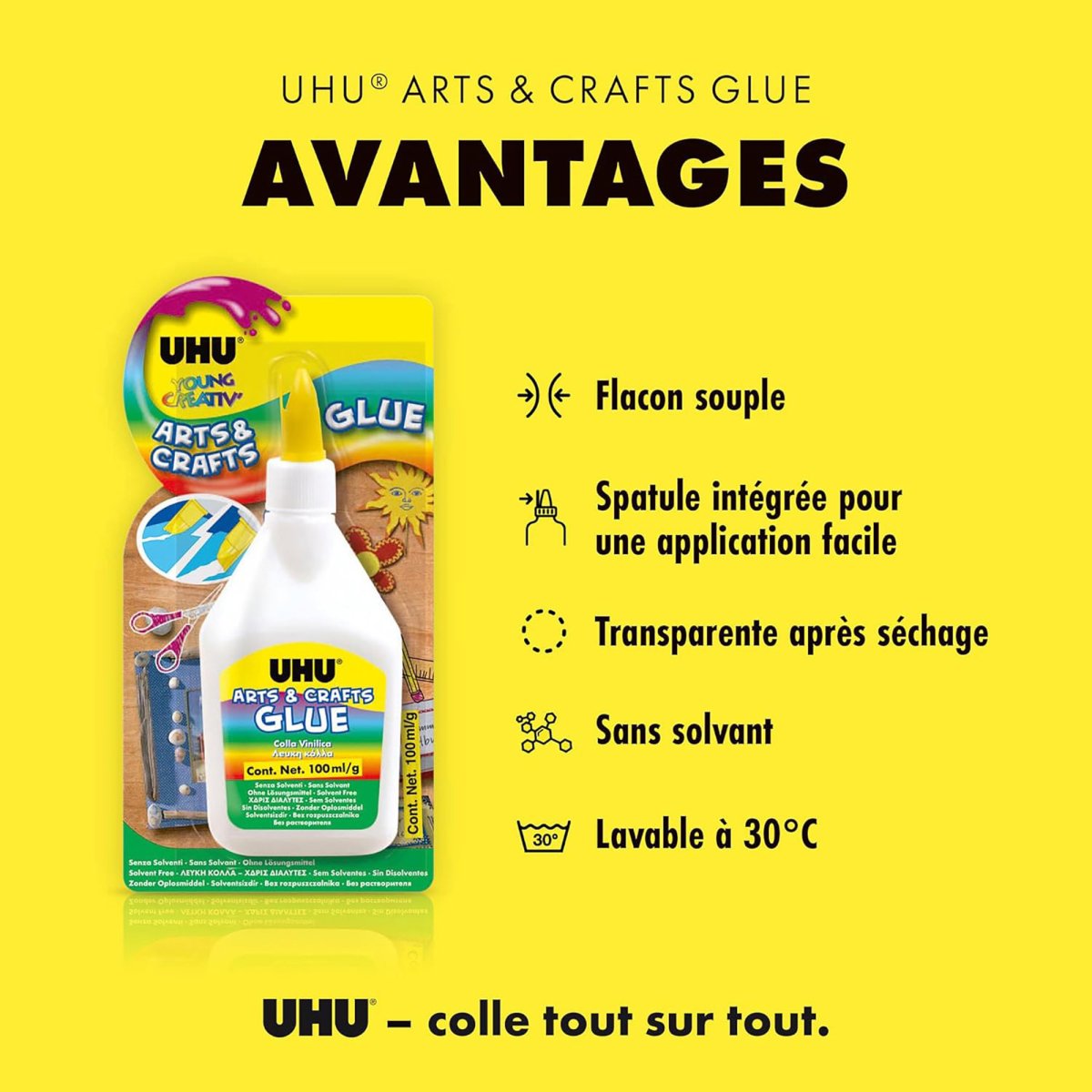 UHU Arts and Craft Glue 100g bottle angled side view on white background
