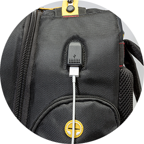 Close up of the external USB connector on the Purdy Painters Backpack