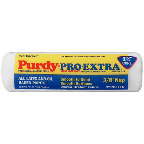Purdy White Dove P-X roller sleeve 9 inch by 3/8 inch nap standing upright on white background