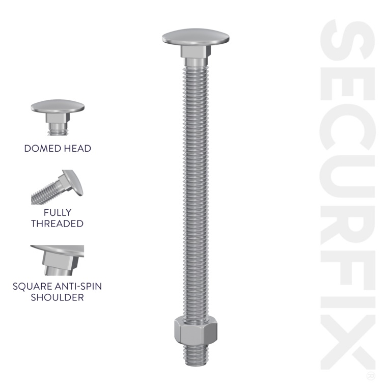 Securfix Carriage Bolts With Hex Nuts - M12 x 5 15/16"-M12 x 150mm | Pack of 50 - T10874C