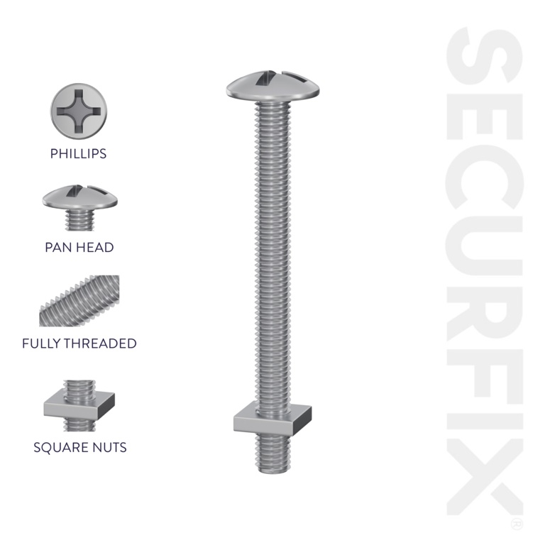 Securfix Roofing Bolts With Nuts - M6 x 3 15/16"-M6 x 100mm | Pack of 100 - T10970C