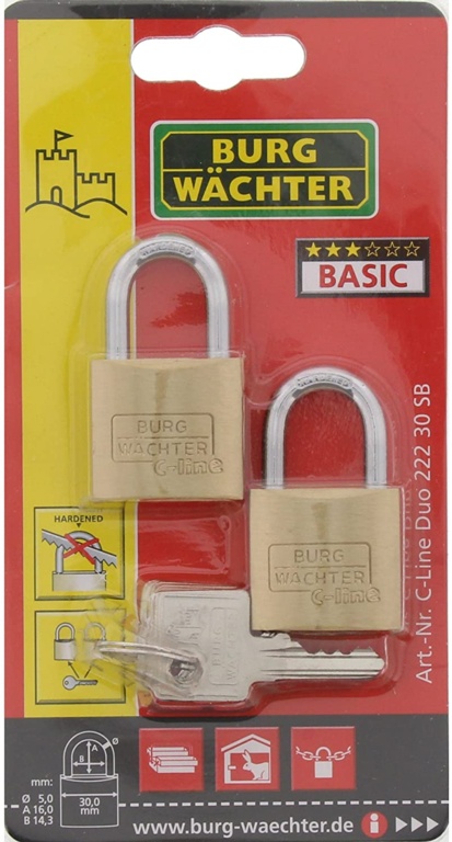 Burg-Wächter Light Security Brass Padlock Multi-Pack Keyed Alike - 2 x 30mm - 6341